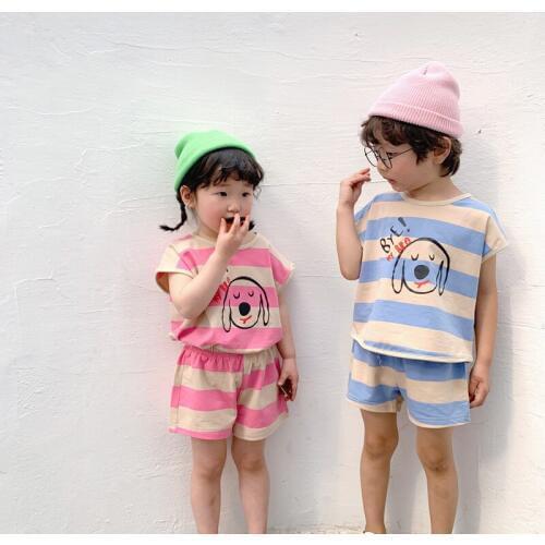 Toddler Baby Clothing Set Cartoon Print Fashion Stripes Short Sleeve T-shirts Shorts Sport Suit for Girl Boy Tracksuit Kids 2pcs