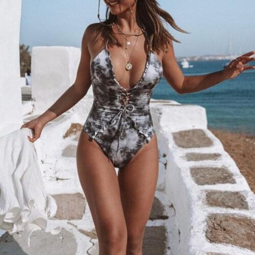 Swimsuit one piece bandage swimwear ink print bikinis 2020 mujer bathing suit lacing up women maillot de bain femme une piece