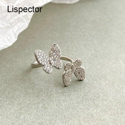 Lispector 925 Sterling Silver Korean Double Butterfly Rings for Women Cute Zircon Open Ring Party Female Jewelry Gifts