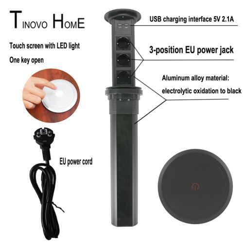 Frosted black touch sensor switch electric lifting desktop socket/3-digit German standard with USB charging EU plug socket