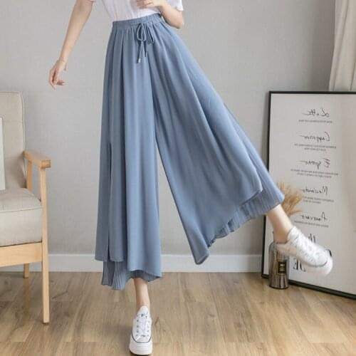 Fashion Korean Style Women Casual Pants Chiffon High Waist Loose Trousers Ladies Elegant Wide Leg Pants