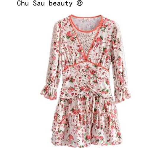 New Fashion Sweet Chic Strawberry Printed Mini Dress Women Holiday Style Hollow Out Lace Patchwork Layered Dresses Female