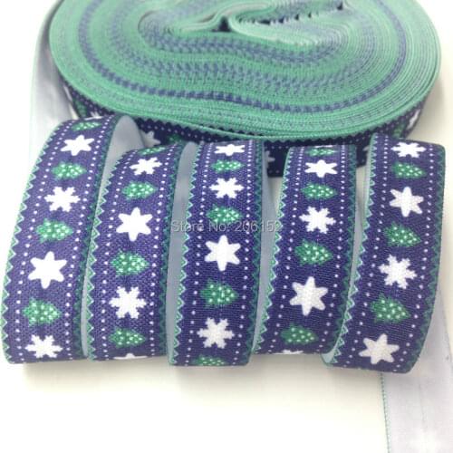 New Arrival 5/8" Christmas Tree Print Navy Blue Fold Over Elastic Snowflake Print FOE Elastic Ribbon for Headwear 10Yards/lot
