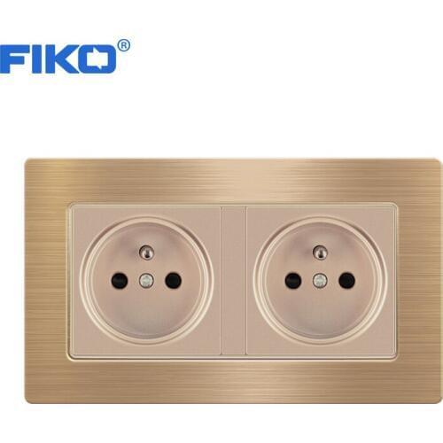 FIKO 16A stainless steel panel standard EU French socket two gang outlet strip Household 146mm*86mm wall power standard