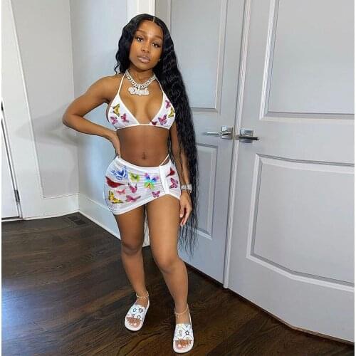 Sexy Floral Butterfly Leopard 3 Piece Bikini Set Summer Clothes for Women Halter Neck Backless Bra Top+short+bandage Mini Skirt