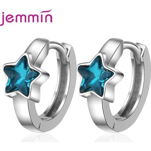 Attractive Cute Blue Crystal Stars 925 Sterling Silver Circles Small Loops Huggies Hoops Earrings For Women Jewelry Kids Girls