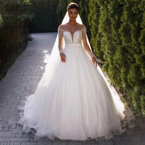 Luxury Princess Crystal Beaded Wedding Dress Plus Size Illusion Long Sleeves Ball Gown Robe De Marriage Bridal Dresses Novias