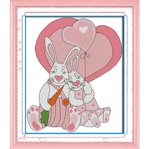 Pink couple rabbit cross stitch kit aida 14ct 11ct count printed canvas stitches embroidery DIY handmade needlework