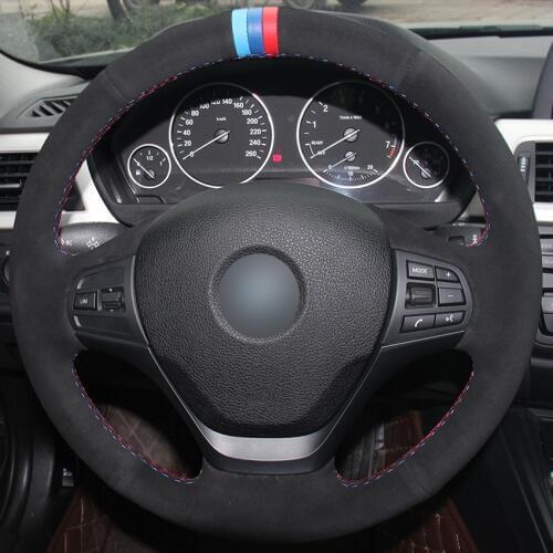 Hand sewing custom Black Suede 3 color Marker Car Steering Wheel Cover for BMW F30 316i 320i 328i