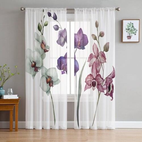 Modern Sheer Curtains Flower Orchid Watercolor Living Room Kitchen Childrens Room Decoration Household Chiffon Window Curtains