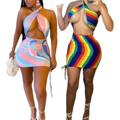Rainbow Striped Tie Dye Halter Neck Backless Women Mini Dress Sexy Night Party Clubwear Bodycon Holiday Beach Pencil Dresses