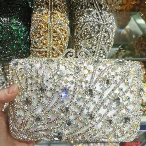 High Quality Silver Bridal Wedding Clutch Purse Fashion 2021 AB Rhinestone Crystal Party Handbags Womens Diamond Evening Bags