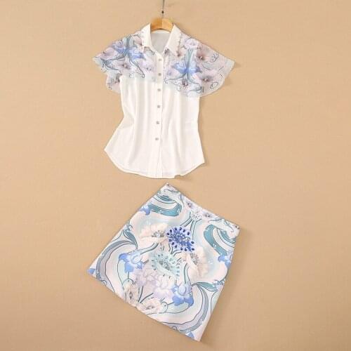 European and American womens wear for summer 2021 ruffled lapel shirt Printed skirt Fashion suits