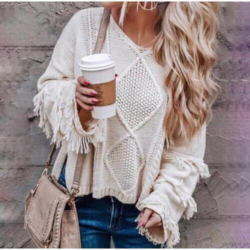 AYUALIN beige Tassel Flare Sleeve Women Sweaters 2020 vintage Loose Knitted v-neck Tops Autumn Winter Casual Sweater Pullovers