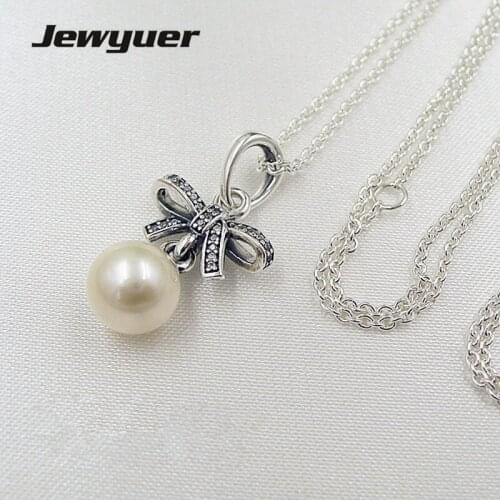 Silver bow with White Pear pendants Necklaces for Women 925 Sterling Silver link chain Necklace Women Fine Jewelry Jewyuer NC015
