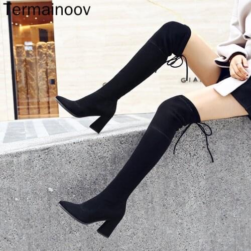 Termainoov Winter Boots New Fashion Boots Stretch Boots Over the Knee High Heels Thick Heel Pointed Toe Boots WomenBoots
