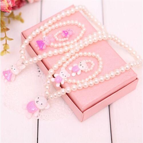 1Set/3pcs Girls Kids Baby Princess White Imitation Pearl Cute Cartoon Necklace&Bracelet&Ring Beaded Jewelry Set for Children