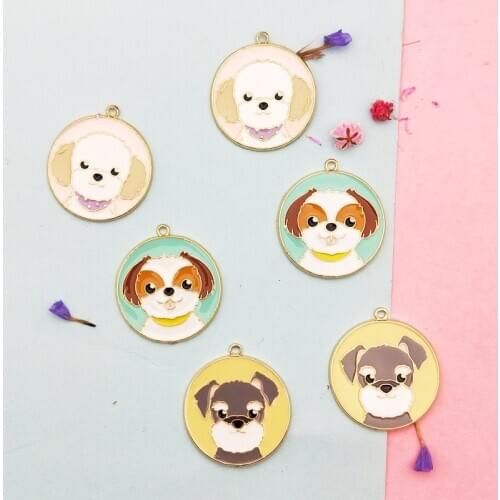 10pcs/bag Cute Animals Dog Enamel Charms Pendant For DIY Earring Jewelry Accessories Gold Color Metal Round Shape Charm Floating
