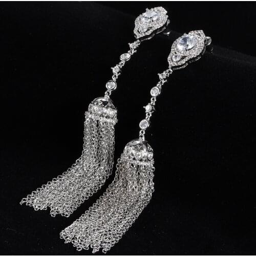 105mm Trendy Luxury Long Tassels Dangle Earrings For Women Wedding Cubic Zircon Crystal African Dubai Bridal Earring E5398