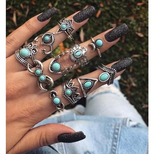 11PCS/Set Engagement Wedding Bohemian Blue Stone Owl Rings for women Fashion Jewellery Wedding Punk Ring female