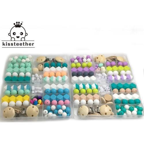 4pc DIY Baby Teether Accessories Geometry Hexagonal Round Silicone Bead Wooden Pacifier Clip Breakaway Safety Clasp For Bracelet