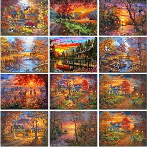 5D Diamond Painting Landscape Sunset Sea Cross Stitch Kit Diamond Embroidery Autumn Landscape House Mosaic Painting Autumn Decor