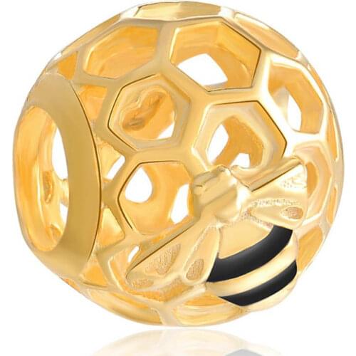 Authentic S925 Openwork Golden Enamel Shine Honeybee Bead Charm fit Lady Bracelet Bangle For Women DIY Jewelry