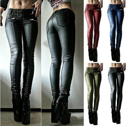 Women Retro PU Pants Leather Pants Steampunk Rivet Lace-up Pencil Pants Skinny Trousers Streetwear Autumn Casual Trousers