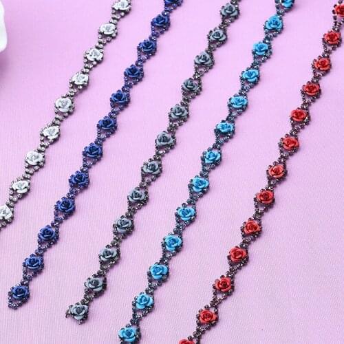Crystal Rhinestones Chain Black Base Flower DIY Wedding Dress Accessories Rhinestone Applique Chain