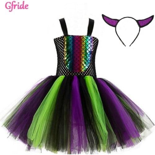 Princess Girl Witch Costume For Kids Mermaid Tutu Dress With Headband Children Dress Up Theme Party Dress Kids Clothing 2-8 Year