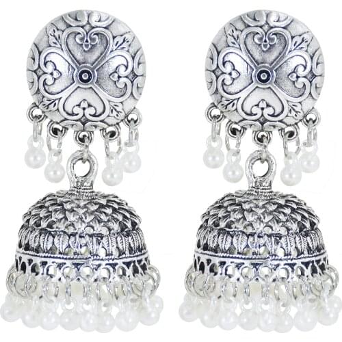 Indian Oxidized Silver Color Alloy Metal Indian Jhumka Drop Dangle Earrings for Women Boho Party Turkish Tribal Jewelry Gift