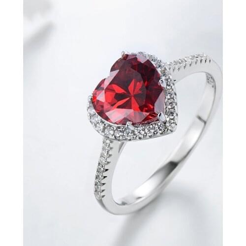 Garnet Red Personality Ruby Red Color Zircon 925 Silver Ring Love Heart Romantic Finger Ring For Women Wedding Jewelry Bague