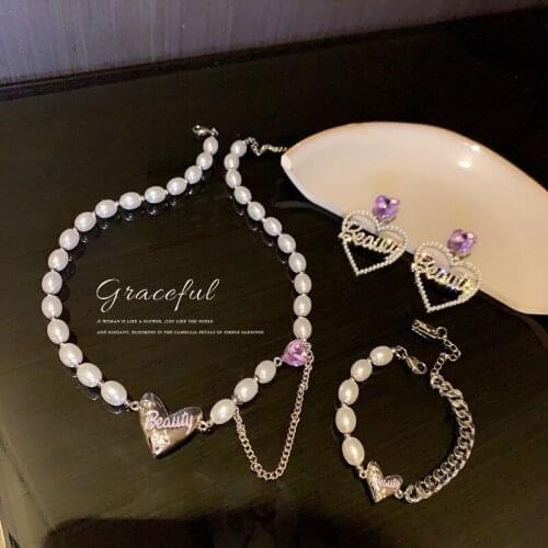 Korean Personality Fashion Imitation Pearl Rhinestone Love Necklace Bracelet Earrings Set For Woman Temperament Jewelry Gift
