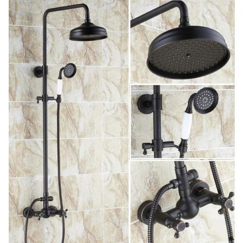 Black Oil Rubbed Brass Dual Cross Handles Bathroom 8 Inch Round Rain Shower Faucet Set Bath Mixer Tap Hand Shower mrs048