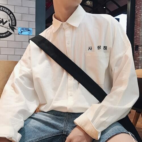 Casual Cotton Solid Color Embroidered Letter Lapel Long Sleeve Men Shirt 2020 Summer Korea Style Youth Loose Camisa Shirts M-2XL