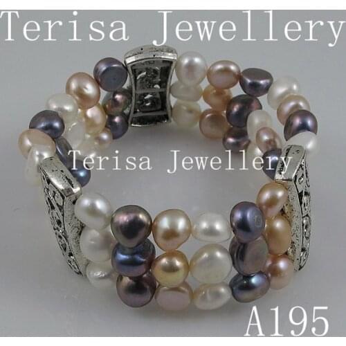 New Free Shipping A195#, Grade AAA.New Color Natural Fresh Water Pearl Bracelet.Size:7-8mm.Length:18cm.3 Rows.Elastic Bracelet