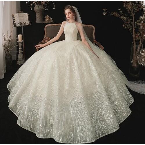 2021 New Special O-Neck Open Back Beading Shoulder Supper Shiny A-Line Wedding Dresses None Train Plus Size Robe De Mariée