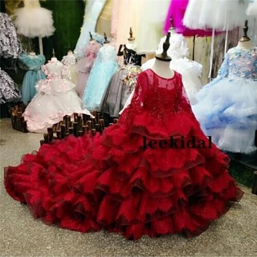 New Burgundy Girls Dresses Tiered Ball Gown Lace Beads Little Girl Birthday Dresses Celebrity Dress for Special Occasion Custom