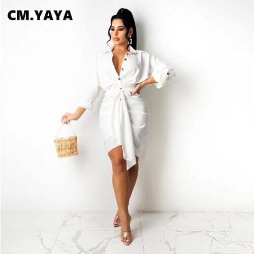 CM.YAYA Women Dress Solid Full Sleeve Turn-down Bandage Sashes Loose A-line Midi Dresses Office Lady Fashion Vestidos Autumn