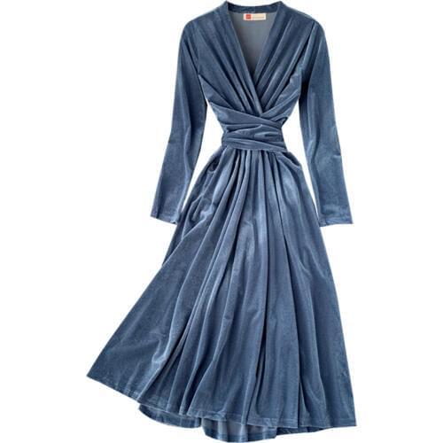 Autumn Winter Vintage Women Long Sleeve Gold Velvet Dress Cross Strap Dress Elegant French Lady Long Maxi Dressess Vestidos 978