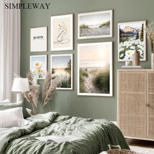 Nature Sunset Art Print Mountain Beach Canvas Poster Flower Grass Path Landscape Painting Nordic Wall Picture Living Room Decor