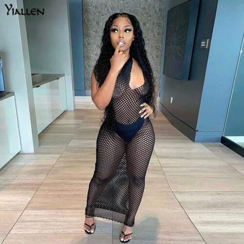 Yiallen Sexy Solid Black Mesh See Through Sleeveless Hollow Out Summer Women Dresses New 2021 Club Activewear Casual Long Dress