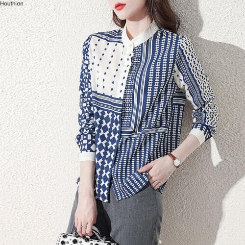 Silk Womens Blouse Polo Girls Shirt Summer Fashion Stripes Print Loose Casual Plus Size Long Sleeve Top Lady Blusas Houthion