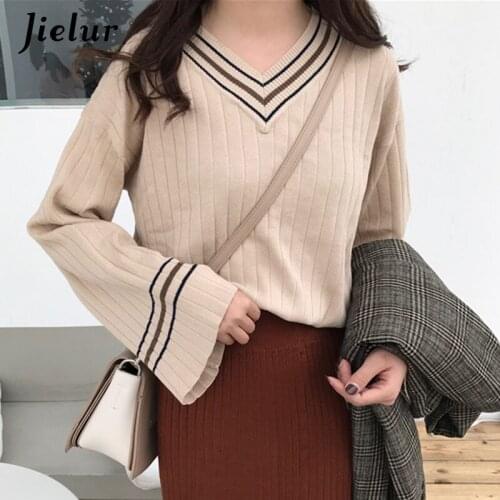 Jielur V-neck Sweater Women Flare Sleeve Loose Pullovers Pull Femme Jumper Soft Slim Chic Autumn Winter Knitted Sweaters