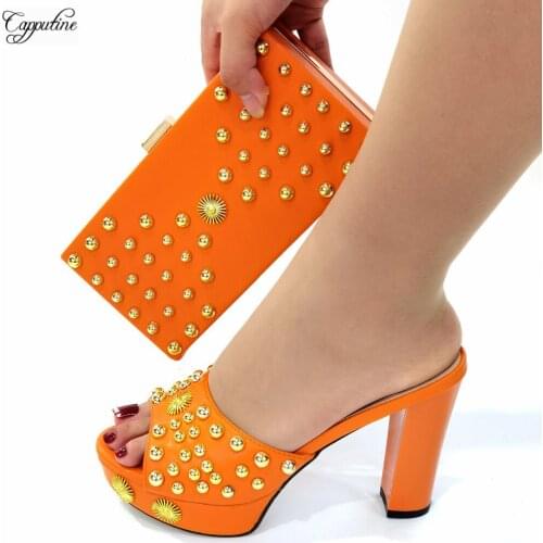 Orange Ladies Shoes And Clutch Bag High Heels 10.3CM Women Pumps Matching With Purse Handbag Set Slippers Sandals Party CR140