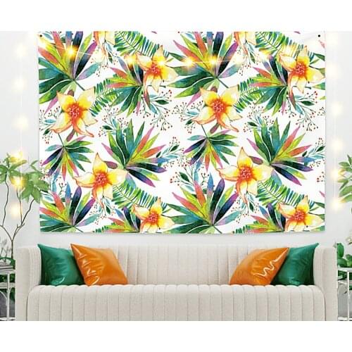 Green Leaves with Flowers Tapestry Vintage Exotic Summer Plant Nature Frame for Bedroom Photography Wall Decor
