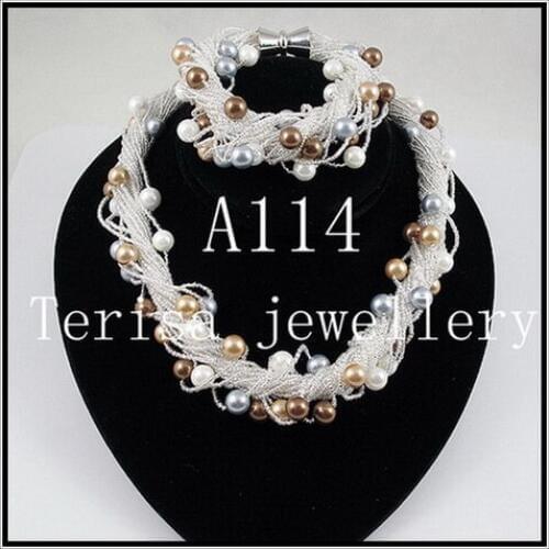 Handmade Shell Pearl Necklace Bracelet Jewelry Set 8mm Round Shell Pearl 24rows Magnet Clasp Perfect Women Gift A114