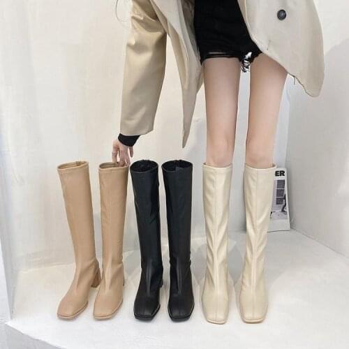 Square toe boots womens 2020 autumn and winter new Korean style thick heel back zipper mid-heel knight high boots