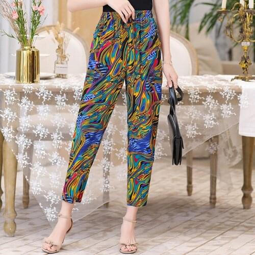 Women High Elastic Waist Plus Size Print Pants Loose Casual Harem Trousers for Female Ankle Length Ladies Pockets Pants 2021 New