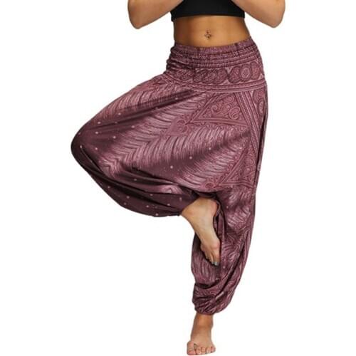 Women Beach Trousers Print Wide Leg Harem Pants Boho Gypsy Hippie Femme Feather Printed Elastic Long Pant Aladdin Pantalones